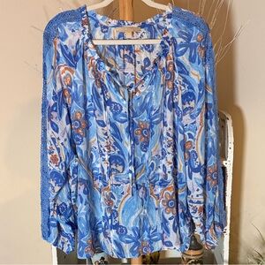 Hope & Harlow XL Floral Bright Blue Colorful Flowy Split Elastic Vneck Lace Trim